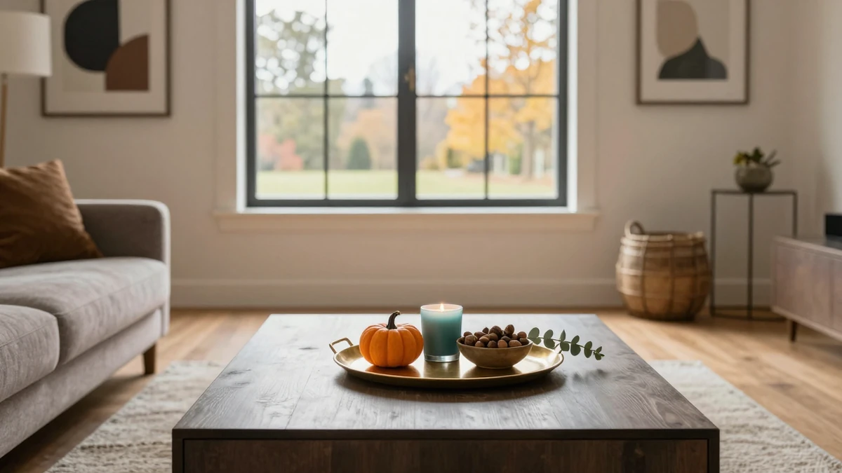 A bright living room with a coffee table styled for fall using a gold tray, pumpkins, candles, and autumn foliage.