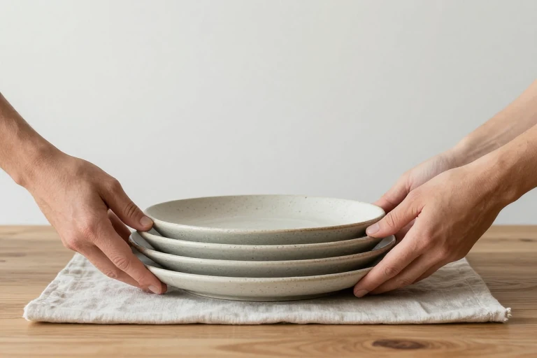 Neutral stoneware plates stacked securely at a fall place setting