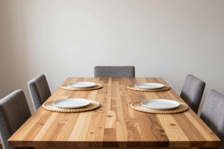 Round woven placemats tested for spacing on a rectangular table