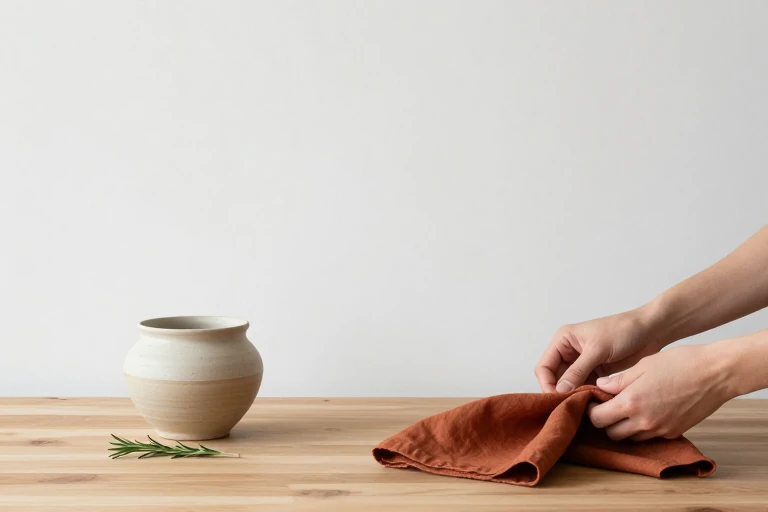 Rust linen napkin tied into a relaxed textural knot