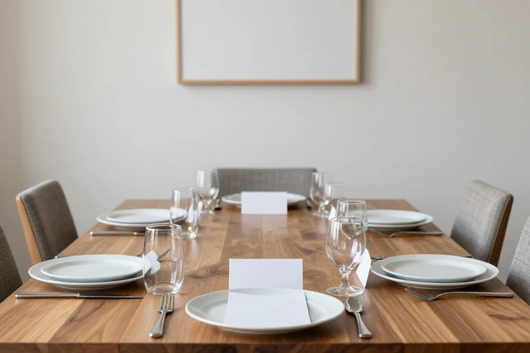Blank compact place cards positioned clear of glasses and plates