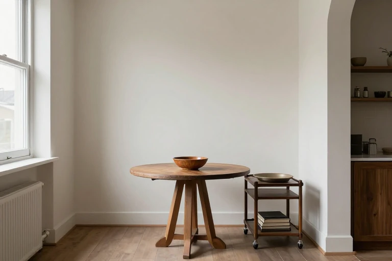 Small round table kept clear with serving food moved to a cart