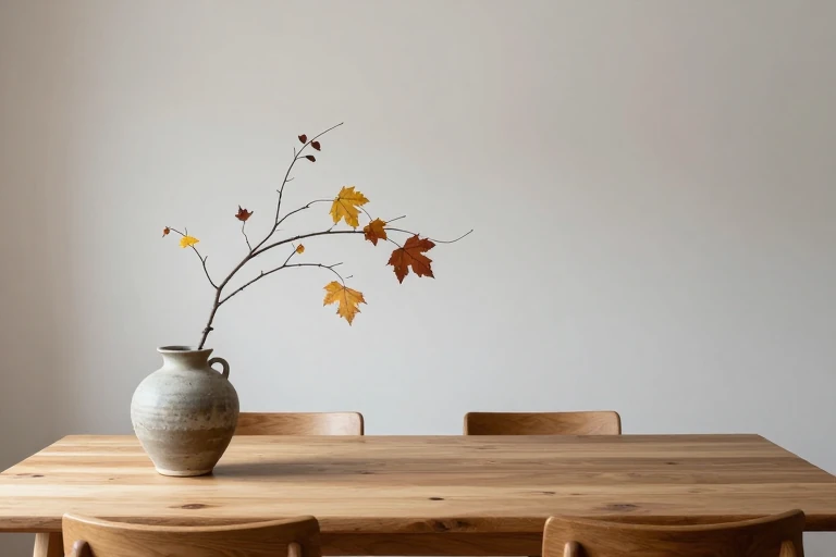 Single autumn branch positioned away from diners and food