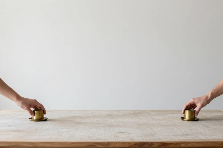 Aged brass candleholders used as controlled warm highlights