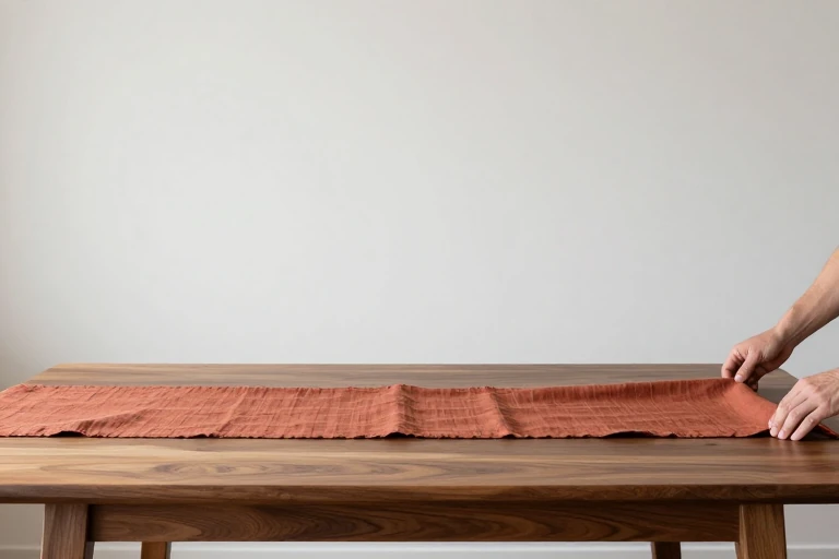 Narrow fall linen runner leaving the wood tabletop visible