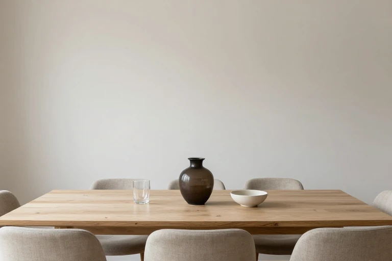 Warm neutral table setting with a dark contrasting vase