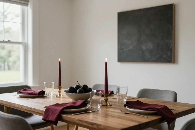 Burgundy accents repeated across a neutral fall table