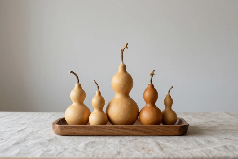 Mixed gourd shapes arranged loosely in a protective tray
