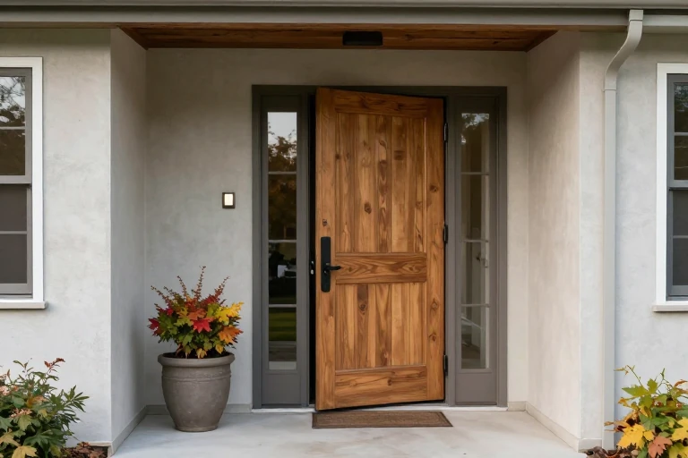 Open front door with a clear path beside fall decor