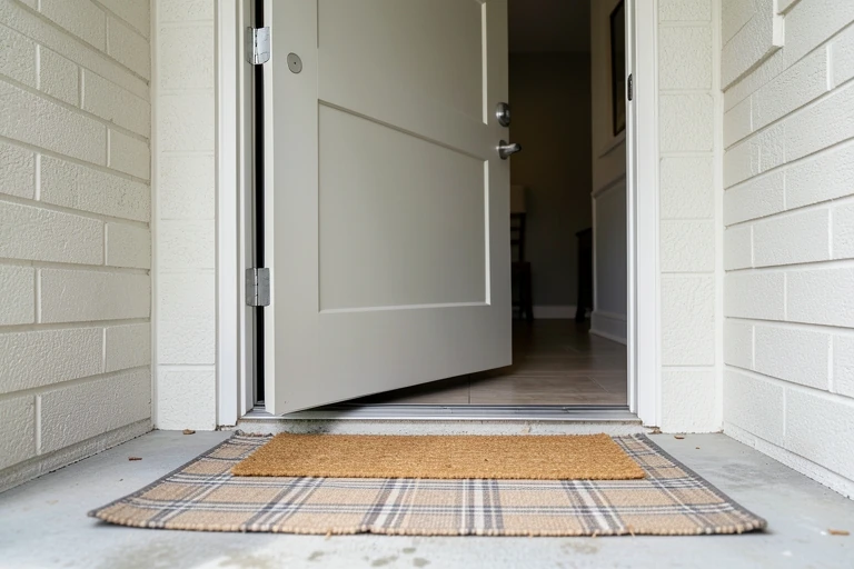 Front door clearing a layered outdoor rug and mat