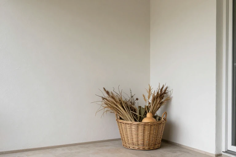 Fall basket arrangement on a sheltered porch