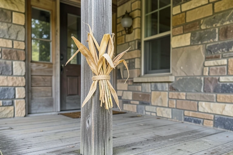 Corn stalk bundle secured to a porch post