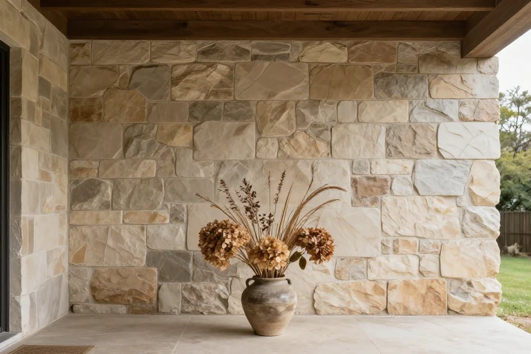 Dried fall botanicals arranged under porch cover