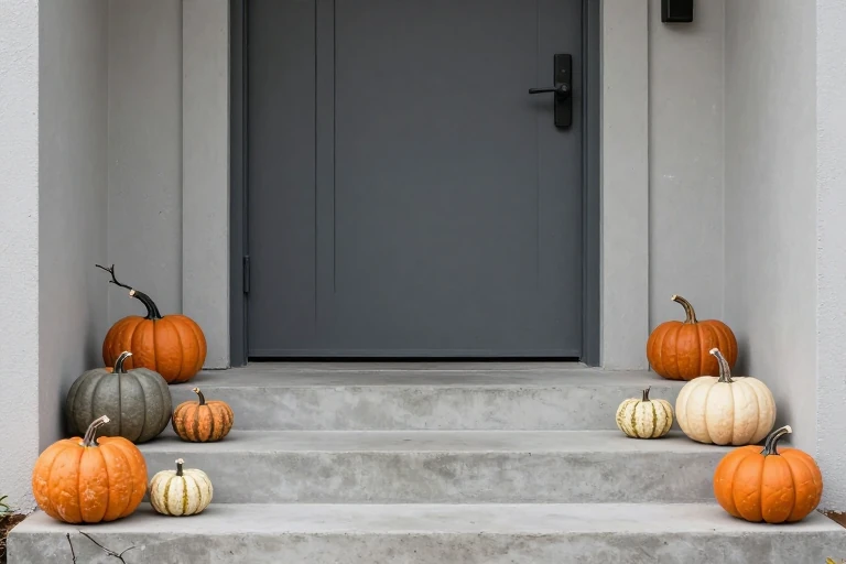 Weather-ready faux pumpkins at an exposed entrance