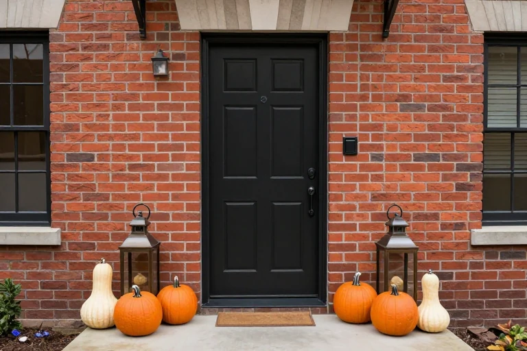 Fall decorations coordinated with brick and door colors
