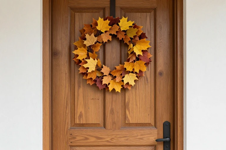 Properly scaled fall wreath centered on a paneled door