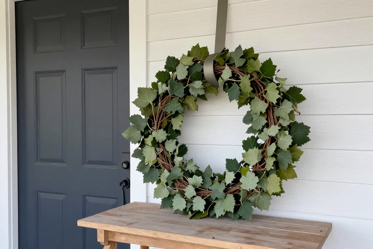 Small fall wreath being layered over a grapevine base
