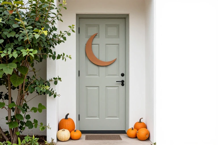 Asymmetrical fall door swag balanced by pumpkins