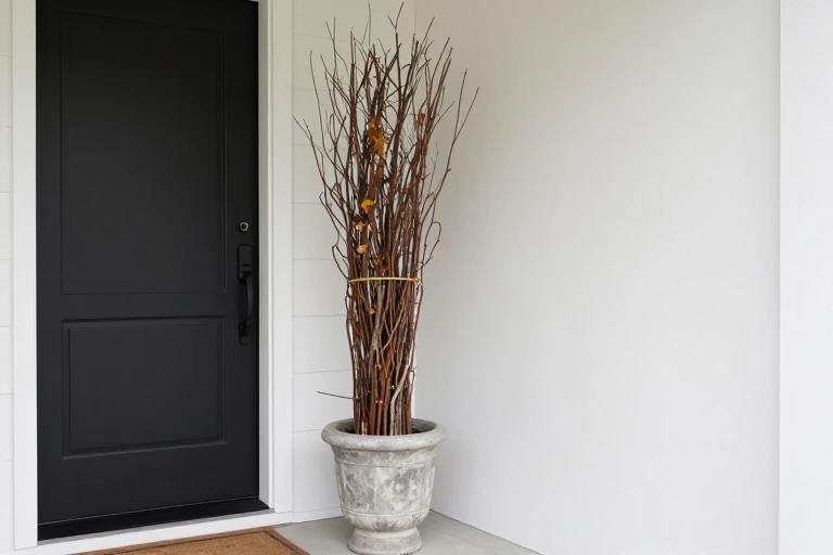 Tall fall branches secured in a weighted porch planter