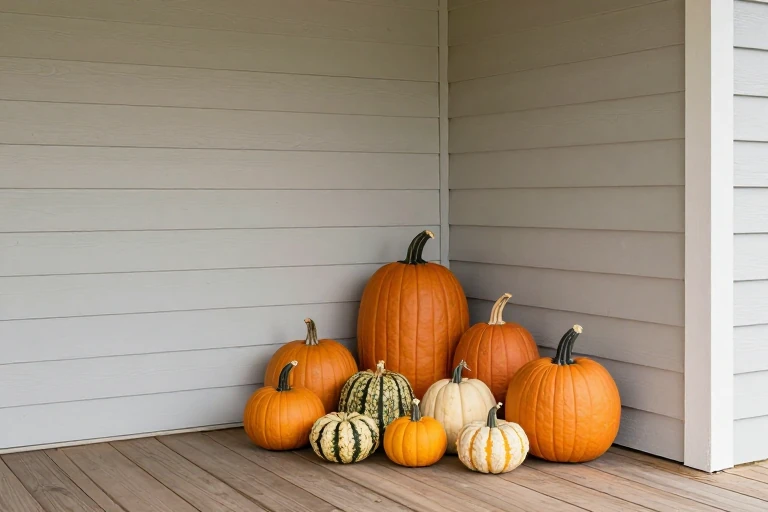 Pumpkins arranged in a graduated porch grouping