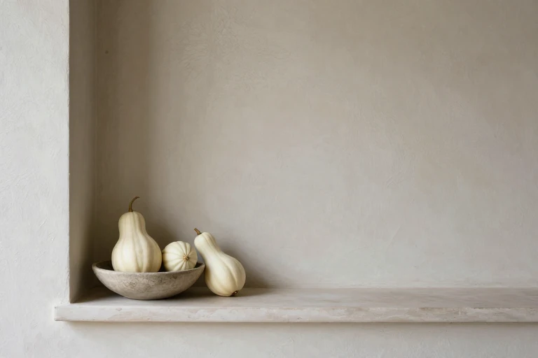 Restrained mix of pale gourds on a porch