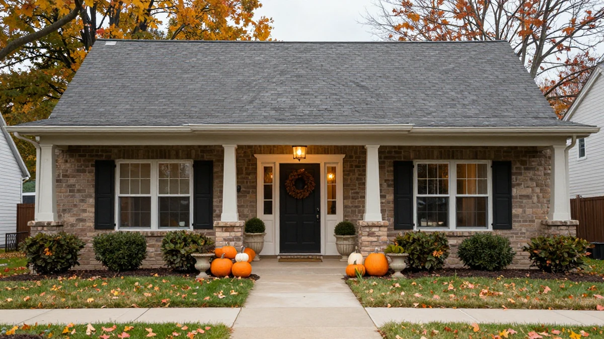 Home entrance with coordinated fall door and porch decorations
