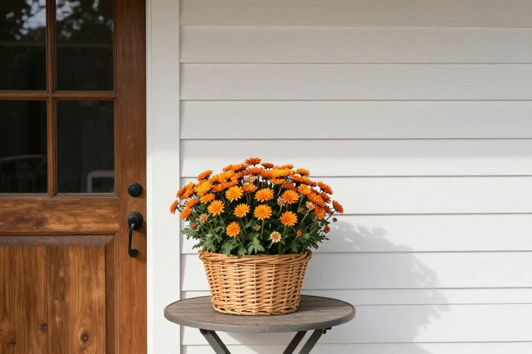 Wicker basket on a porch table filled with orange mums and dried seed heads, with a wooden door in the background.
