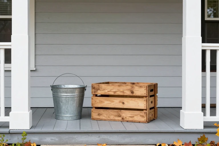 Painted galvanized bucket and sealed wooden crate used as planters on a porch step.