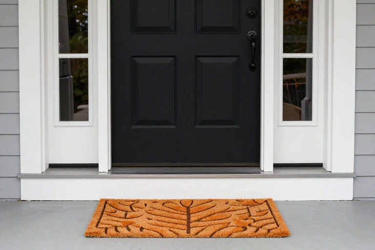 Coir doormat with orange leaf pattern placed at the front door entrance.