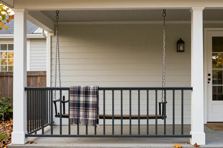 Powder‑coated metal swing with a plaid throw hanging on a front porch railing.