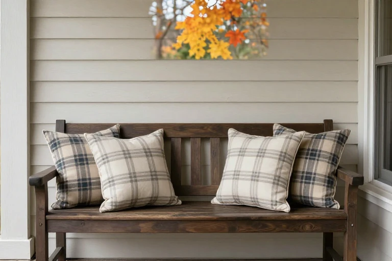 Solution‑dyed acrylic throw pillows with plaid pattern placed on a porch bench.