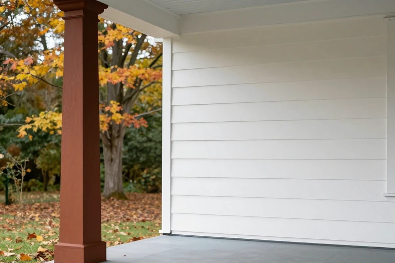 Front porch column painted in deep rust, contrasting with white siding.
