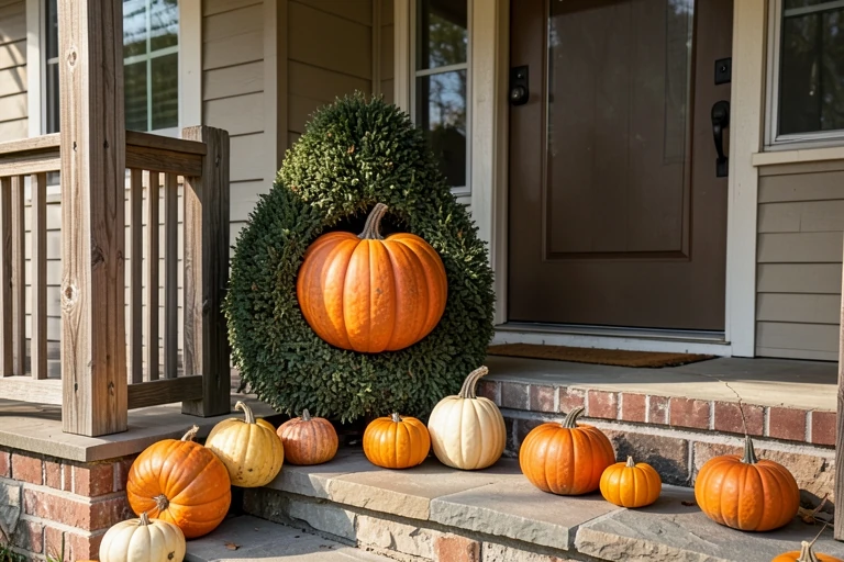 Large pumpkin topiary standing beside the front door, surrounded by smaller pumpkins.
