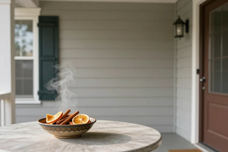 Bowl of cinnamon sticks and dried orange slices on a porch table, steam rising gently.