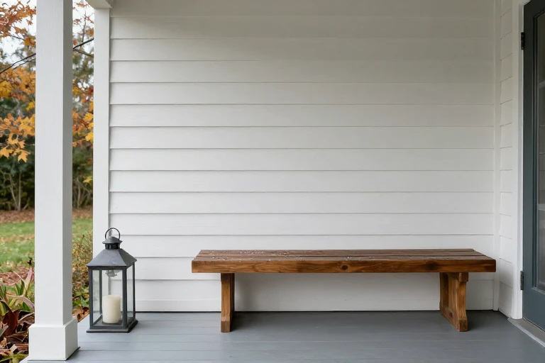 Powder‑coated metal lanterns and sealed wooden bench on a porch, rain droplets visible.