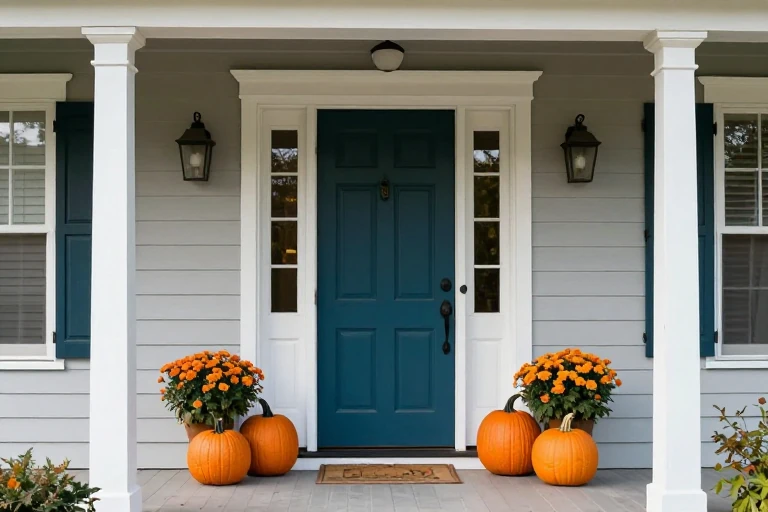 Front door painted in deep teal, surrounded by orange pumpkins and mums.
