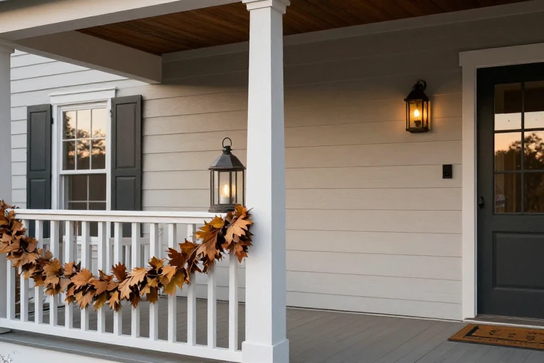 Handmade garland of dried leaves beside a premium metal lantern on a porch railing.