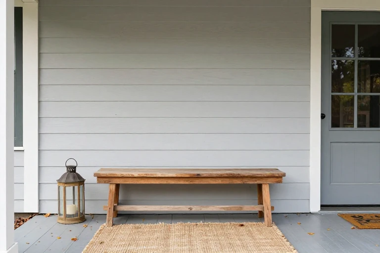Reclaimed wood bench, jute rug, and burlap-wrapped lantern arranged on a porch with autumn leaves scattered around.