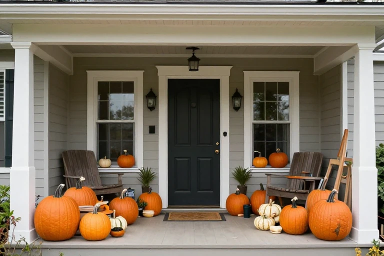 Close‑up of a crowded porch with overflowing pumpkins, highlighting cluttered layout.