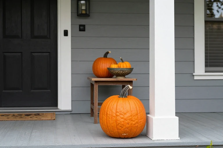 Three pumpkins of different sizes arranged on a porch step, with a medium pumpkin on a side table and a mini pumpkin in a bowl.