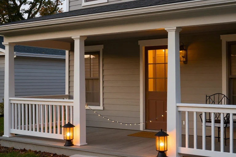 Solar lanterns and LED string lights draped over porch railings, casting a soft amber glow.