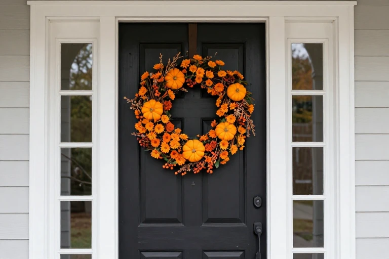 Grapevine wreath with orange mums, dried berries, and mini pumpkins hanging on a front door.