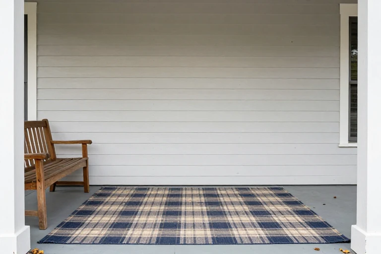 Low‑pile polypropylene rug in muted plaid placed on a porch floor beside a bench.