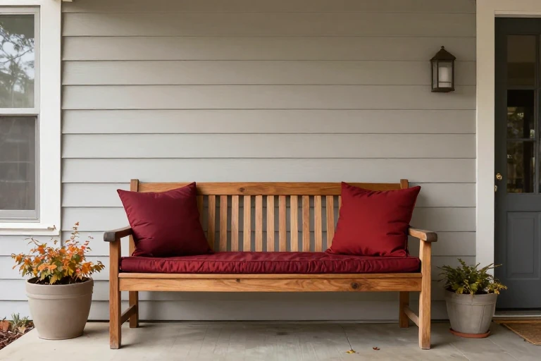 Front porch cushions in deep red and burgundy placed on a wooden bench beside neutral planters.