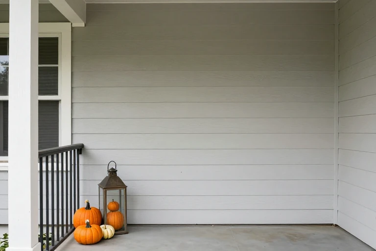 Slim metal lantern and vertical pumpkin stack placed on a narrow porch railing.