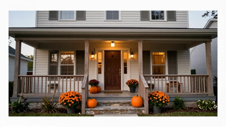 A wide view of a suburban home’s front porch lined with wooden railings, a stone step, and a seasonal arrangement of pumpkins, mums, and string lights under a soft autumn sky.
