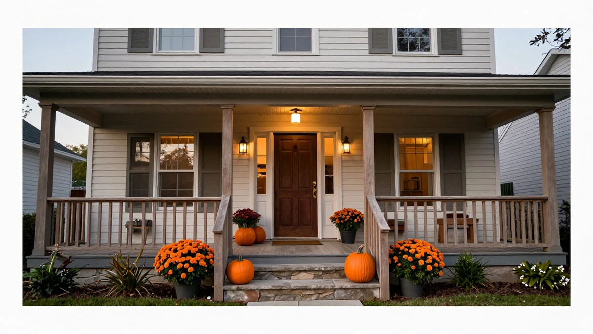 A wide view of a suburban home’s front porch lined with wooden railings, a stone step, and a seasonal arrangement of pumpkins, mums, and string lights under a soft autumn sky.