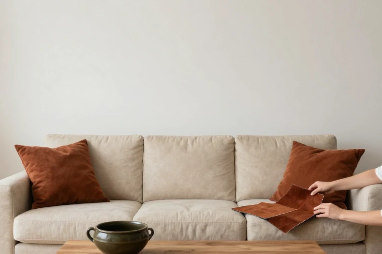 Rust, olive, and oatmeal fall color palette in a living room