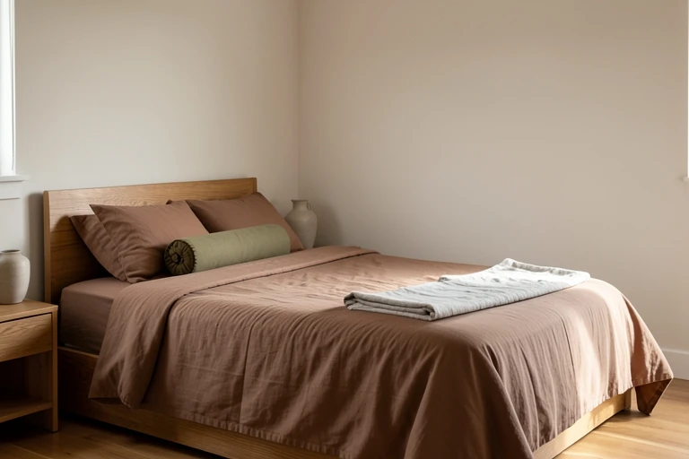 Calm fall bedroom with clay and olive textile layers