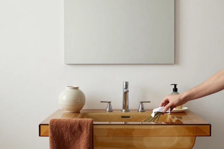 Humidity-conscious fall accents on a bathroom vanity